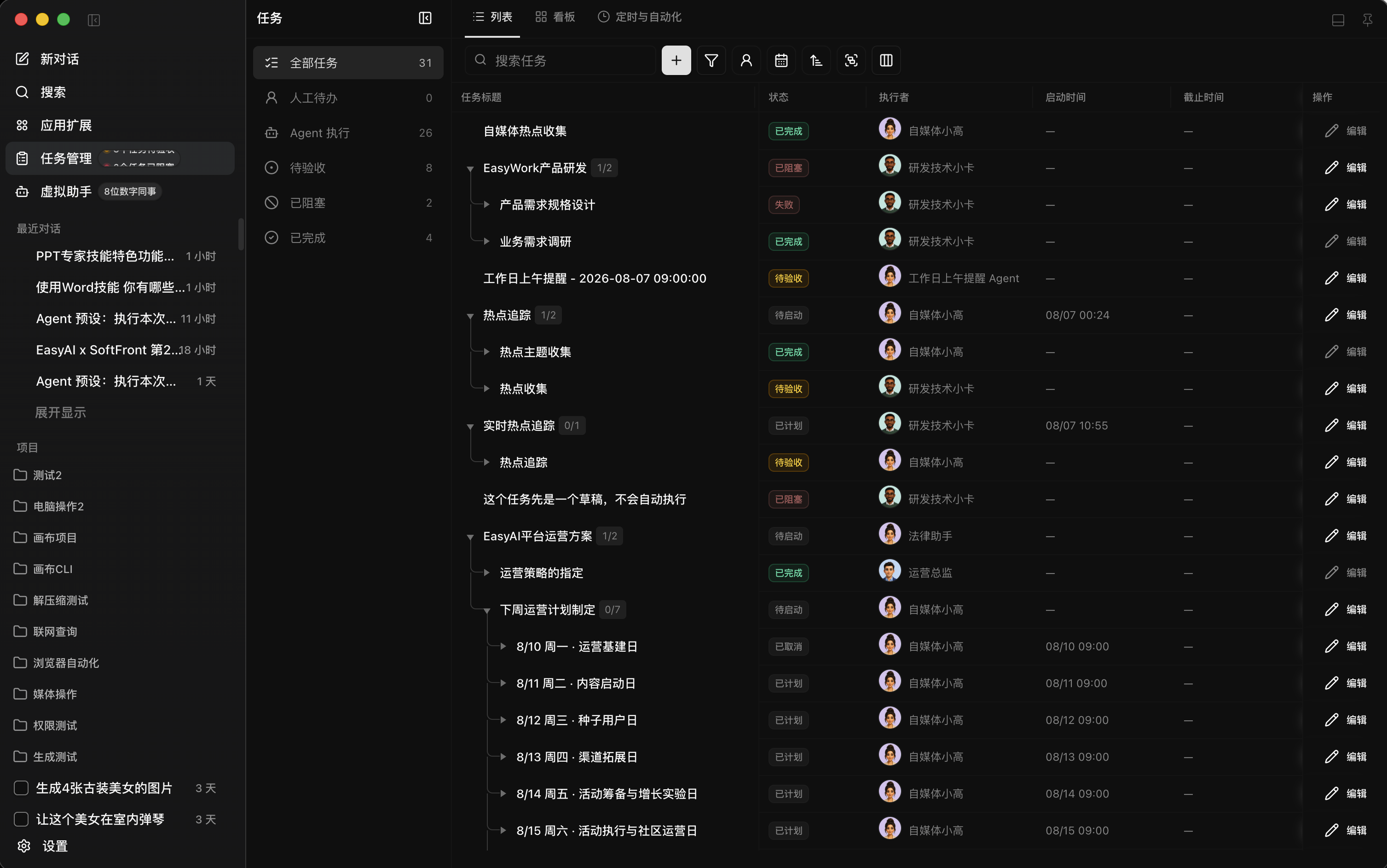 EasyWork 任务管理界面，展示复杂项目拆解、人与 Agent 分工协作及执行状态